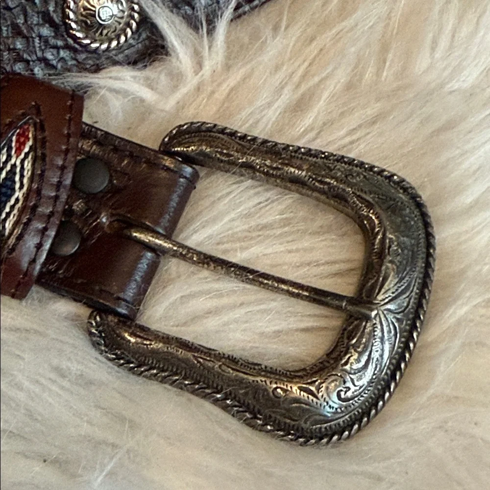 Brown leather western belt fabric metal concho embellishments distress worn 42